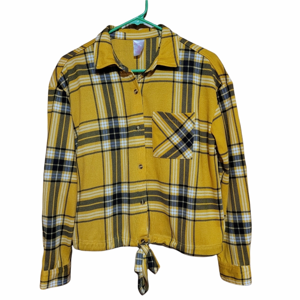 Yellow and Black Plaid Tie Front Top Sz M